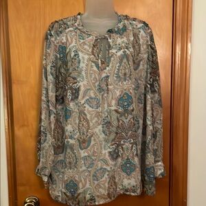 LOFT Blue and Tan Relaxed Lined Blouse with Mandarin Collar